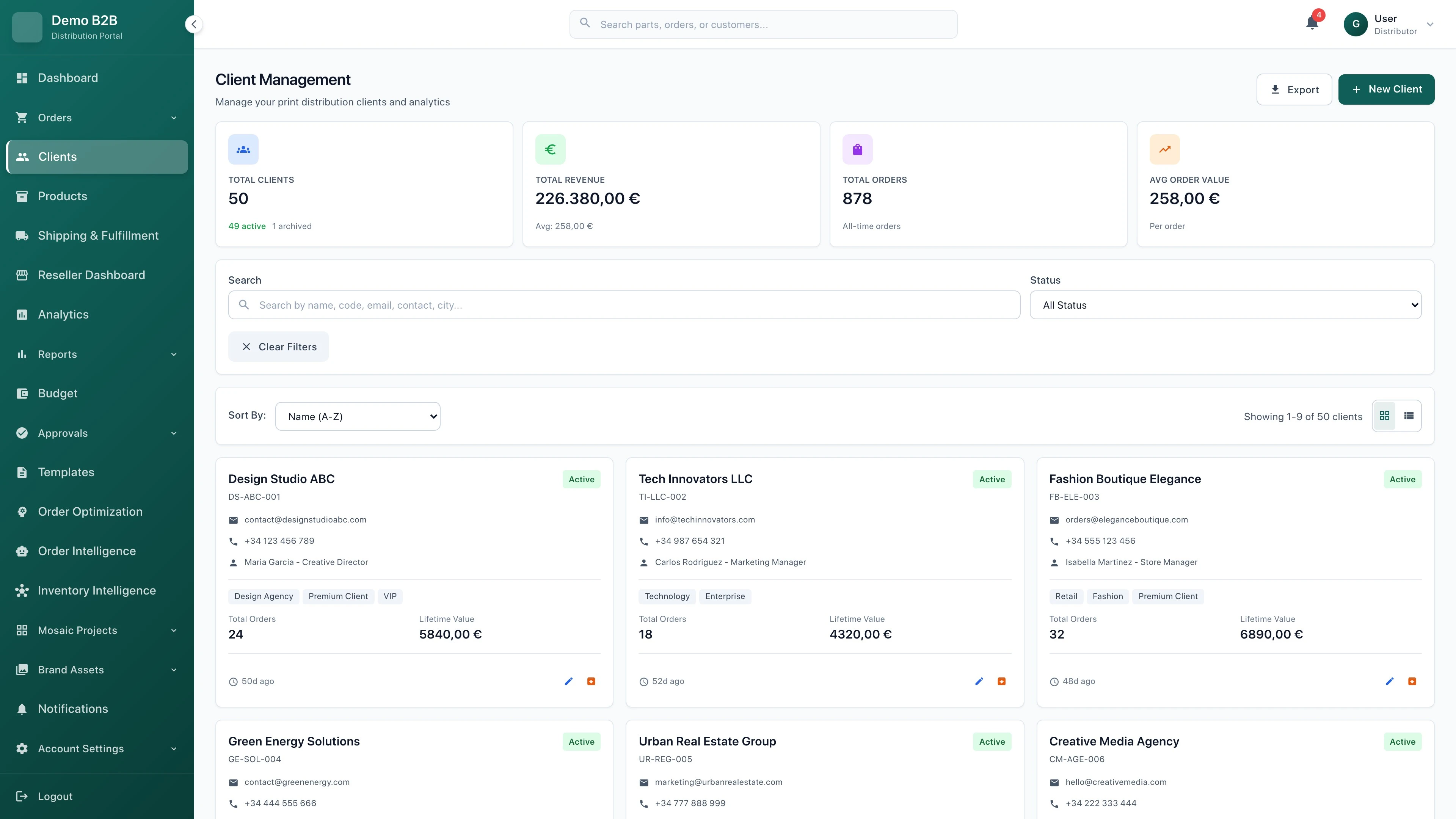 Clients Management Dashboard - B2B client portal interface for managing reseller and corporate accounts